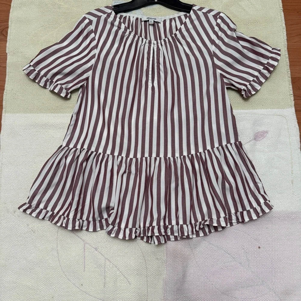 Madewell Women’s XXS White/Plum Striped Short Sleeve Peplum Blouse